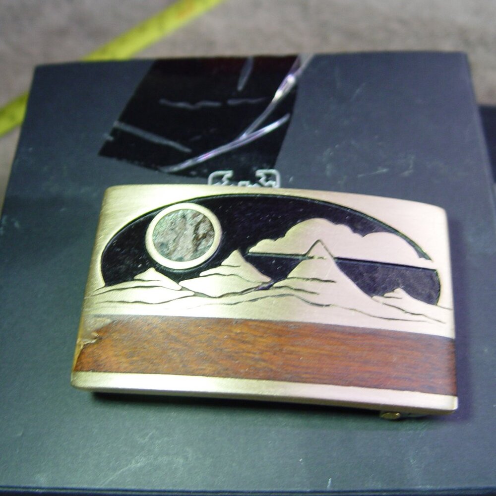 Kenneth Reid Belt Buckle Brass Moon Mountain Wood Inlay Hippy Sheik With NewBelt